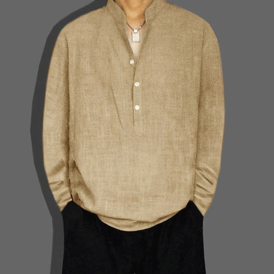 亚麻长袖t恤男士立领宽松潮大码肥佬胖子特大棉麻上衣夏薄麻衣服