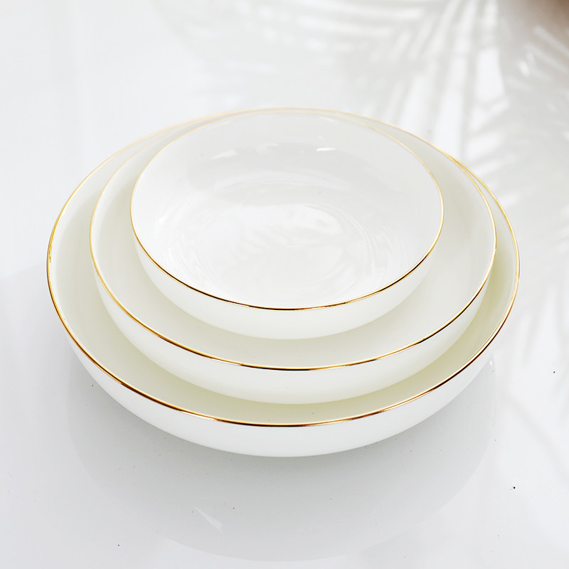 盘子景德镇陶瓷家用汤盘创意饭盘菜碟金边餐具骨瓷盘
