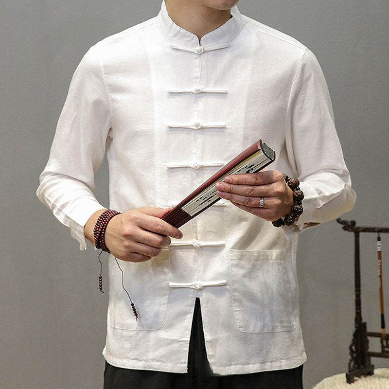 春秋男士棉麻长袖唐装中国风汉服盘扣中式衬衫茶服中山装居士禅服