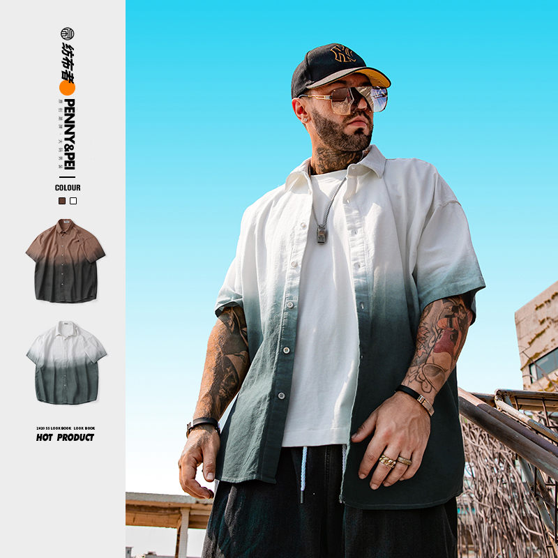 纺布者潮牌大码男装渐变短袖衬衫男潮胖子加肥加大肥佬宽松半袖男