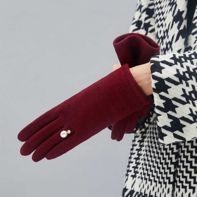 冬天珍珠宝石羊毛保暖触屏开车手套女韩版骑行手套