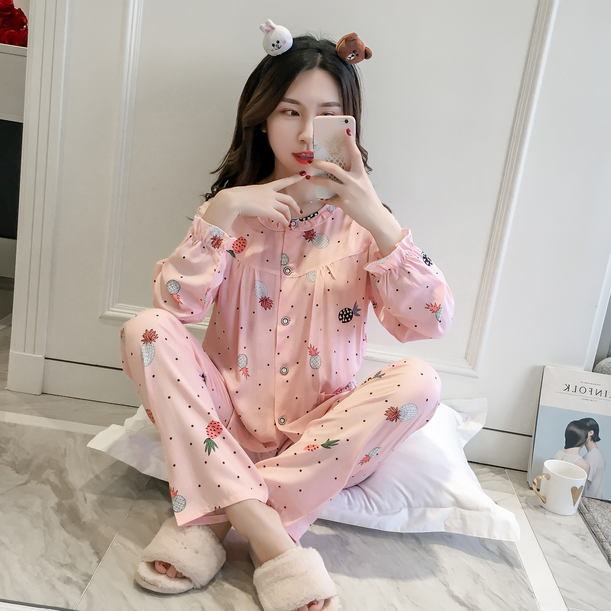 棉绸睡衣女士长袖纯棉开衫薄款 春秋夏天人造棉套装家居服月子服