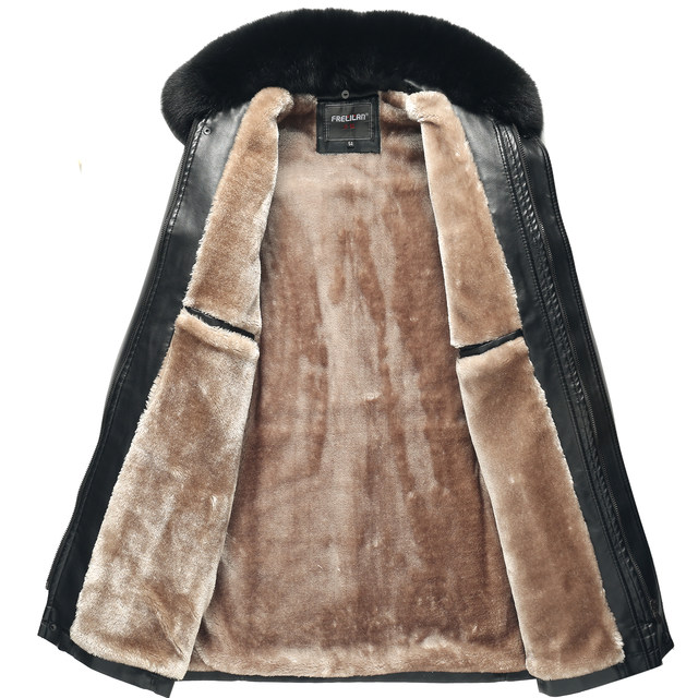 Winter mid-length large size middle-aged and elderly leather men's fur all-in-one fur coat big fur collar PU leather jacket dad outfit Winter mid-length large size middle-aged and elderly leather men's fur all-in-one fur coat big fur collar PU leather jacket dad outfit