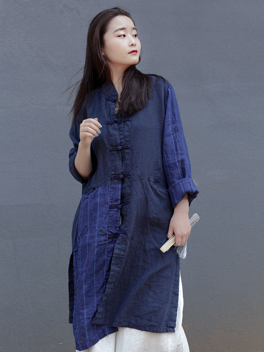 秋棉棉麻女装文艺复古盘扣中长民族风拼接亚麻衬衫