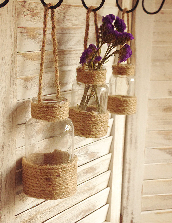 法式乡村复古风格麻绳提手玻璃花瓶家居水培花瓶