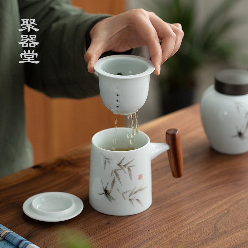 陶瓷聚器带盖泡茶茶杯国风马克茶水分离水杯茶杯