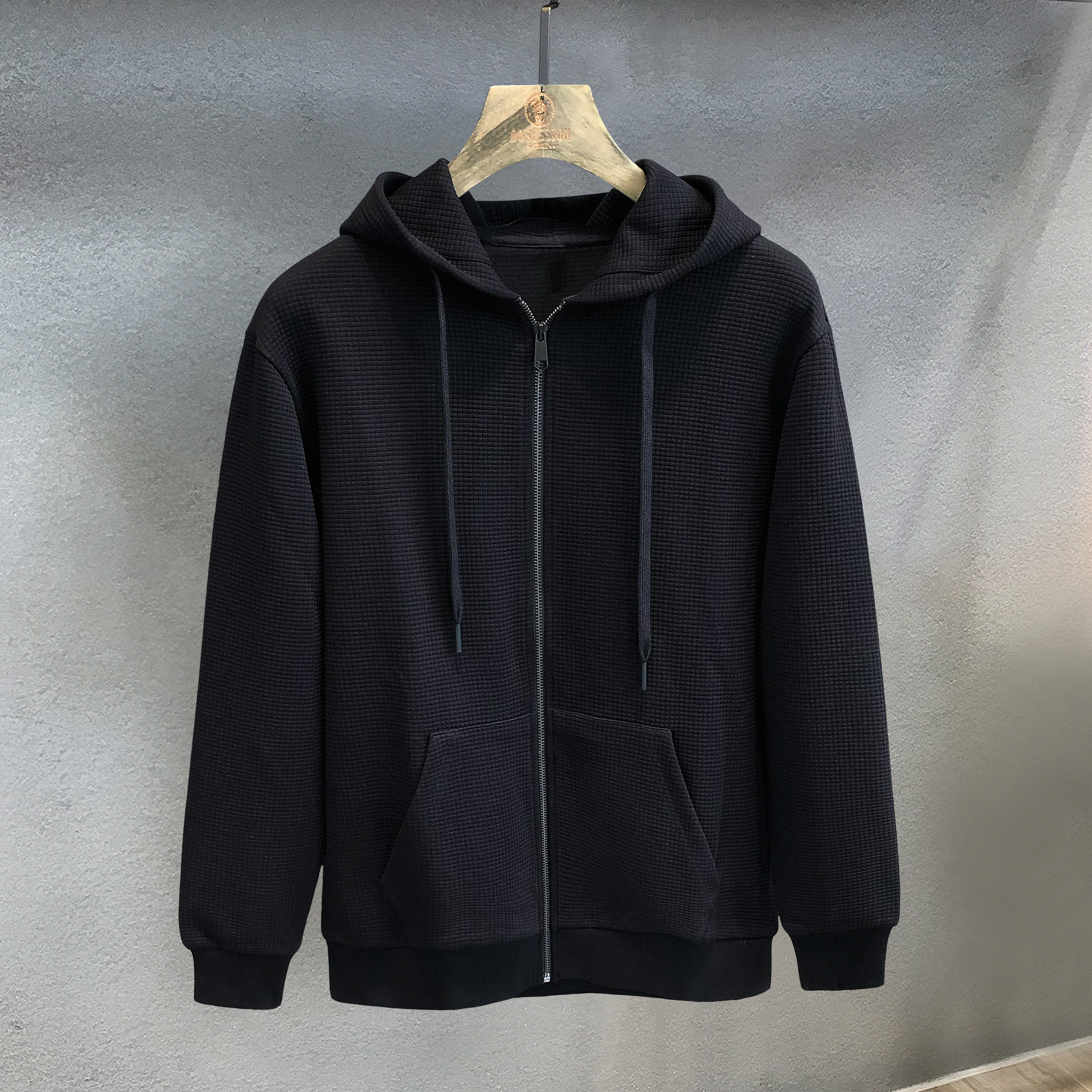 未来极简主义华夫格外套男士连帽春秋款韩版潮流休闲夹克男装卫衣