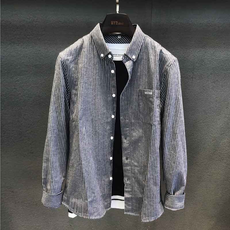 香港版秋季条纹长袖衬衫男士潮流春秋衬衣男装休闲寸衣外套男寸衫