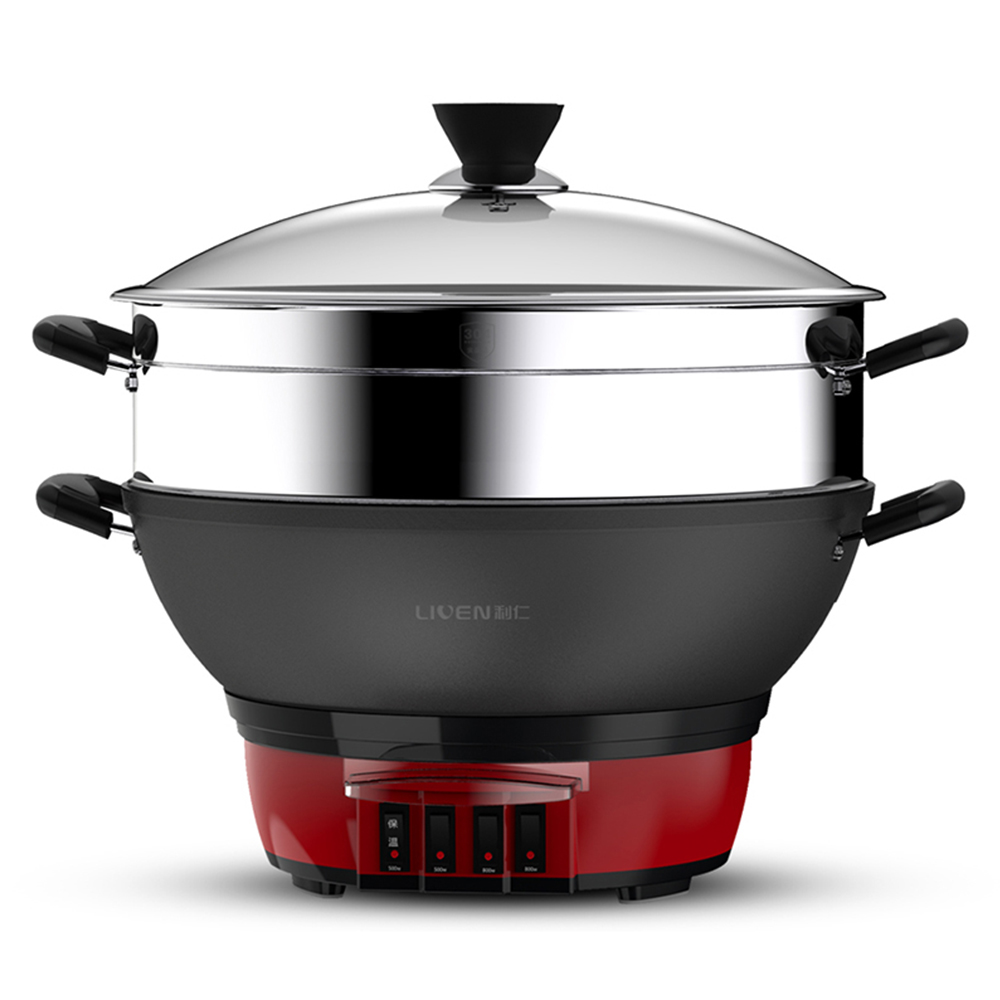 利仁多功能电热锅带蒸笼家用铸铁一体大容量多用电热