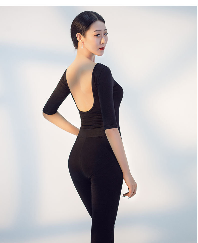 形体训练服装领胸垫露美背中袖礼仪练功莫代尔肚皮舞套装(演出服)