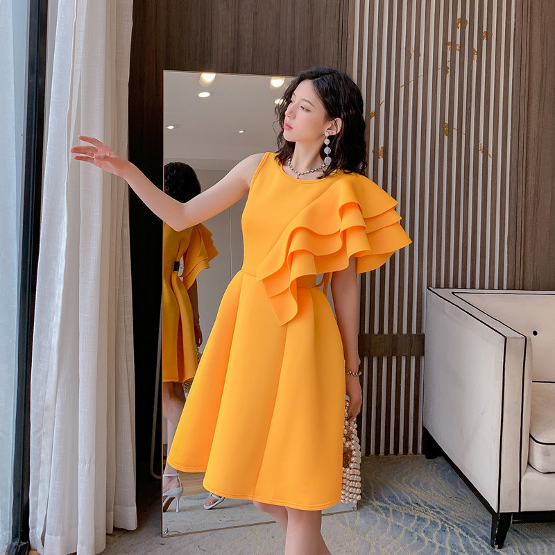设计立体叠层荷叶边袖单肩小礼礼服日常可穿连衣裙