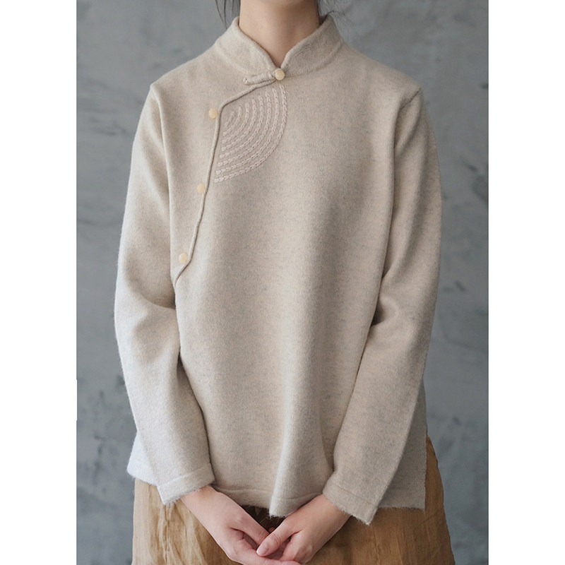 秋冬中式斜襟绣花上衣柔软加厚立领毛衣显瘦毛针织衫
