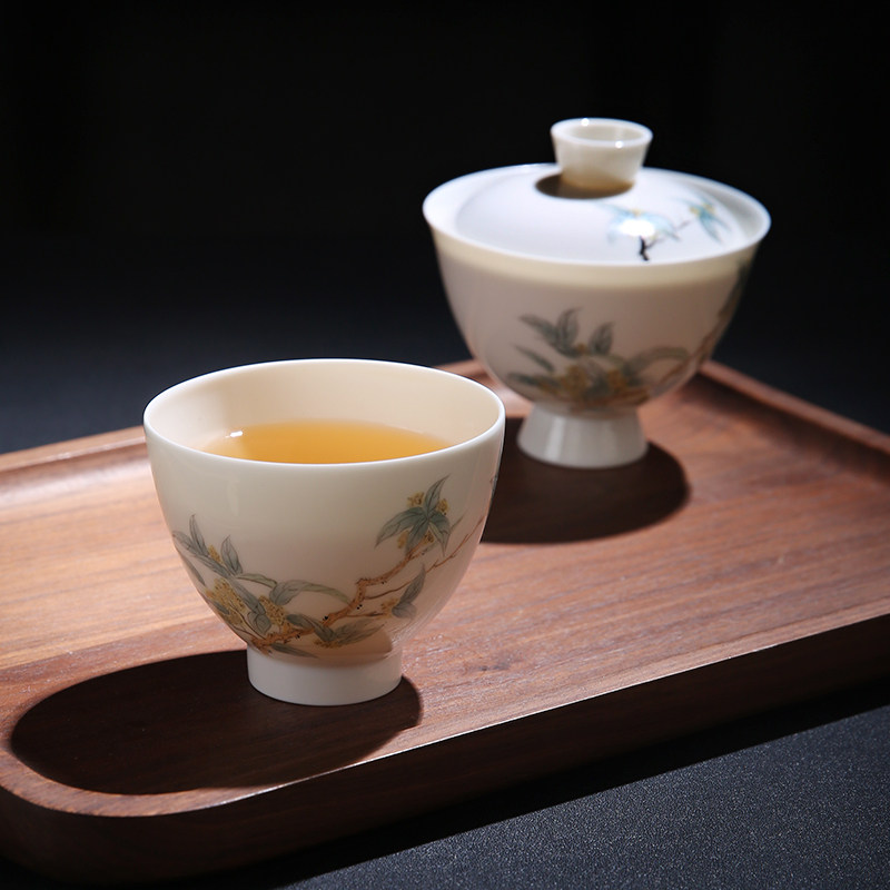 象牙白宋式茶器主人手绘鸡心茶杯陶瓷品茗个人茶杯