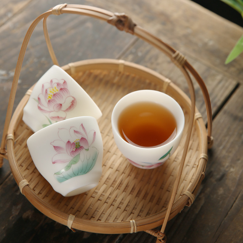 品瓷汇羊脂白瓷品茗手绘荷花茶杯茶具主人杯单杯茶杯