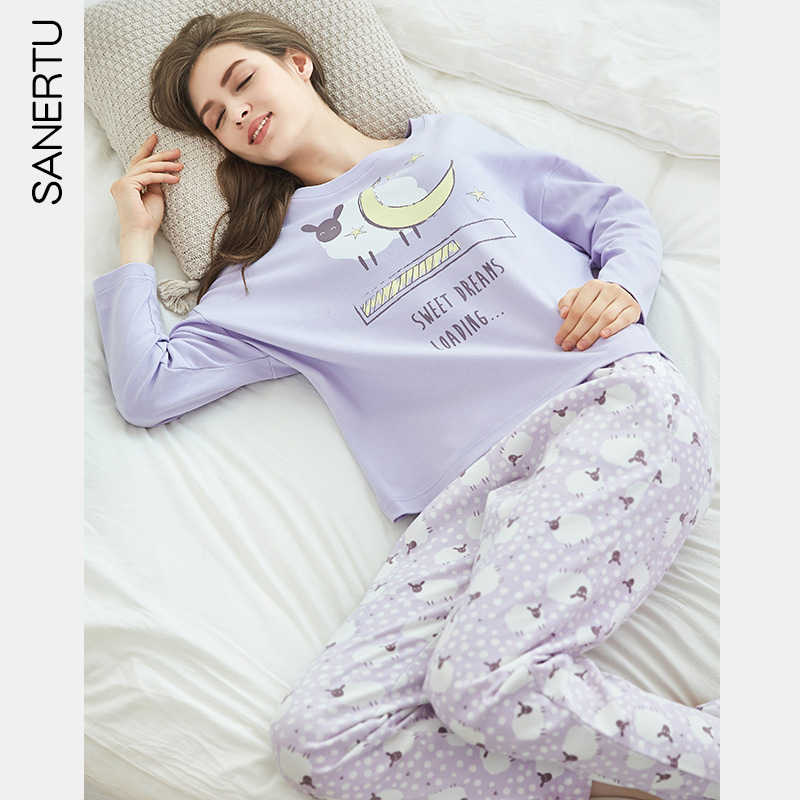 三耳兔秋季纯棉长袖家居服可爱印花宽松圆领套头睡衣