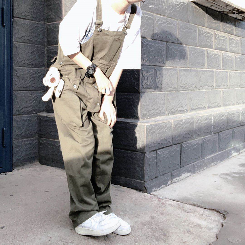 日系阿美咔叽背带裤男女款工装裤情侣宽松直筒口袋休闲长裤连体裤
