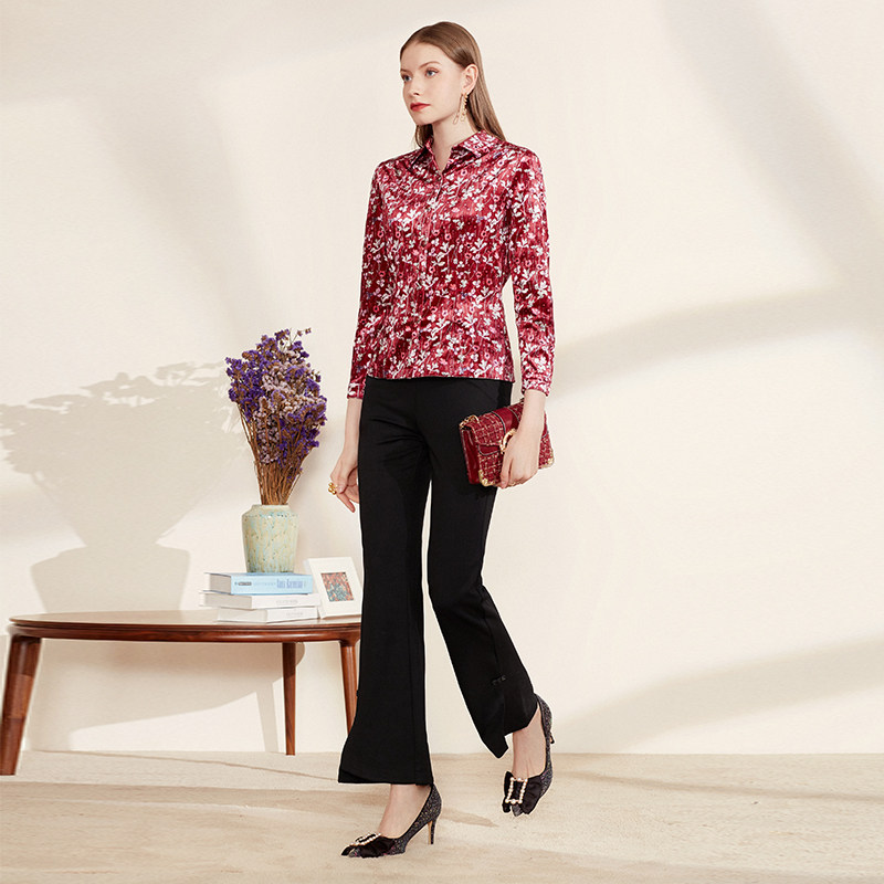 修身moreline沐兰女装红色碎花衬衣长袖衬衫上衣衬衫