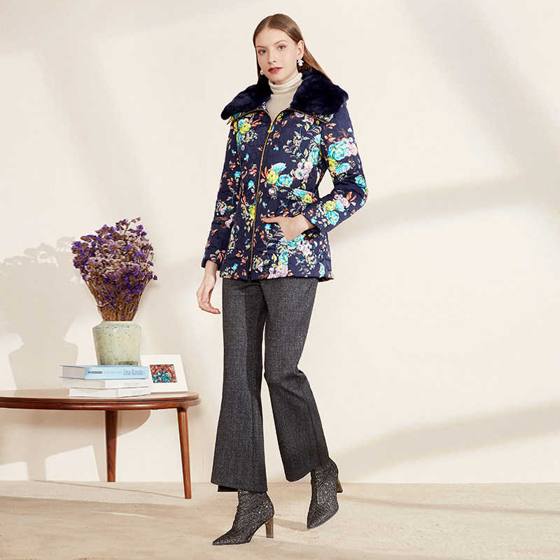 moreline沐兰女装兔毛毛领修身印花长袖棉服18886301棉衣