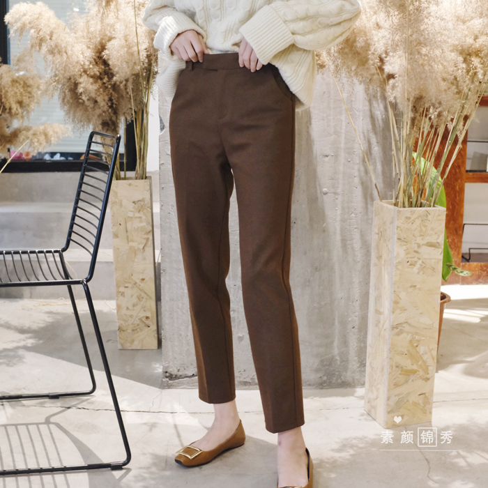搭配不复杂 加厚棕色-毛呢焦糖色九分裤休闲西裤直筒宽松烟管裤女
