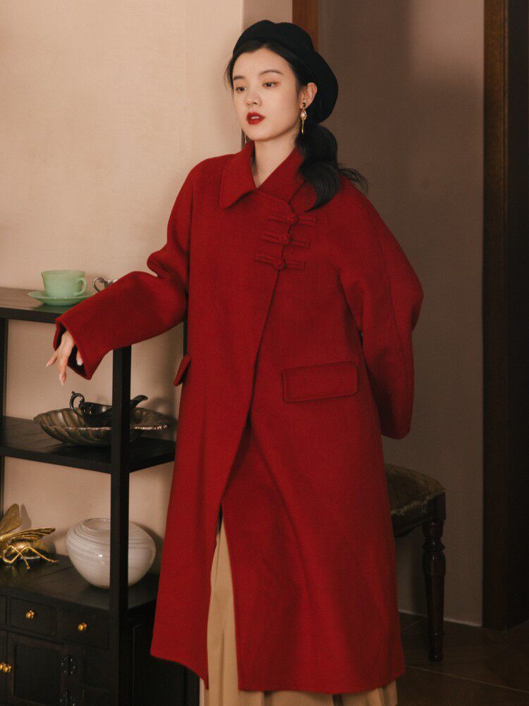 秋冬季女装文艺复古古风小众宽松红色毛呢大衣毛呢外套