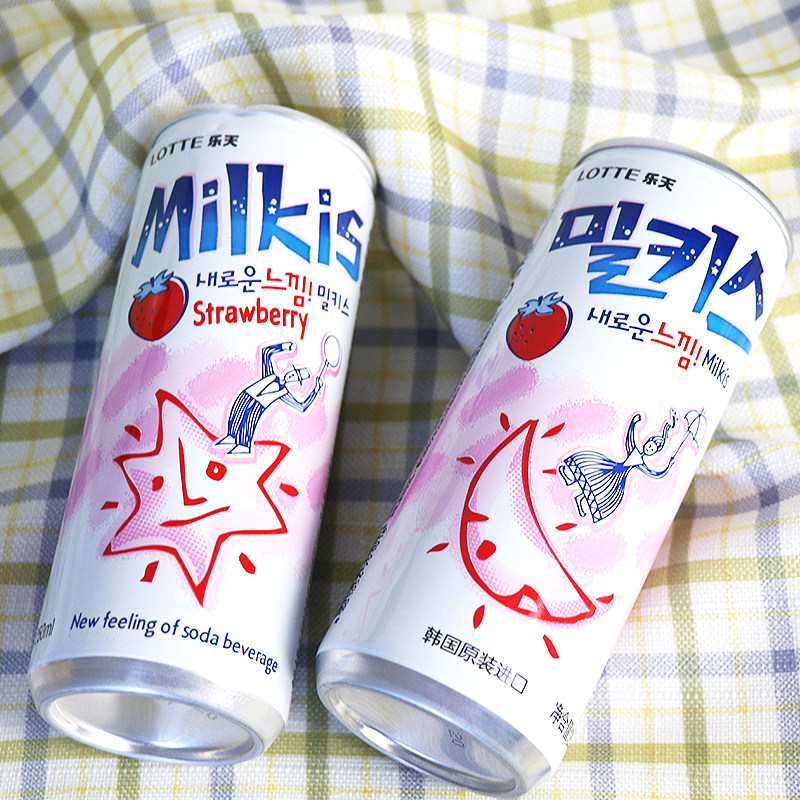 饮料韩国进口乐天牛奶苏打草莓250ml单罐夏季碳酸饮料