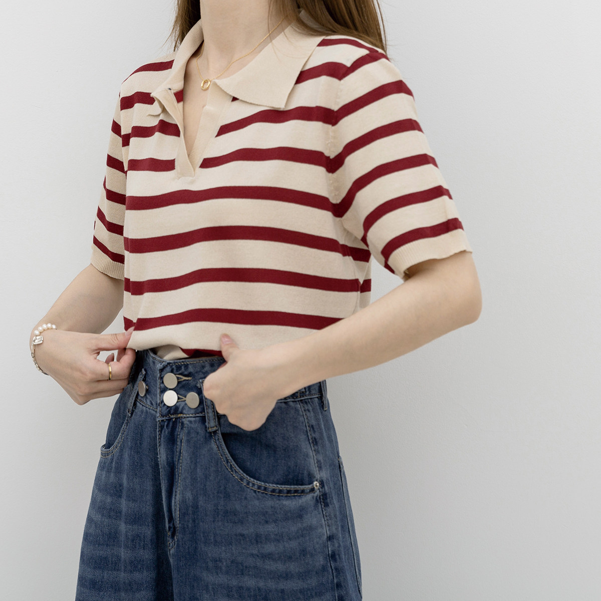 红色领宽短袖百搭短款松显polo条纹新款夏新款t恤