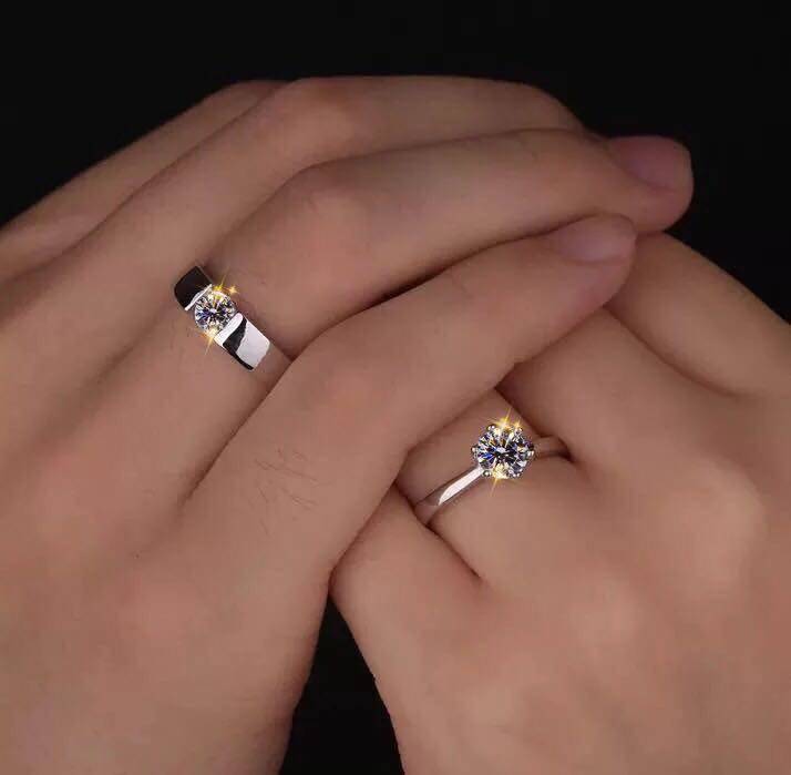 pt950铂金情侣结婚对戒莫桑石d色 婚礼纯银男女戒指开口仿真钻戒