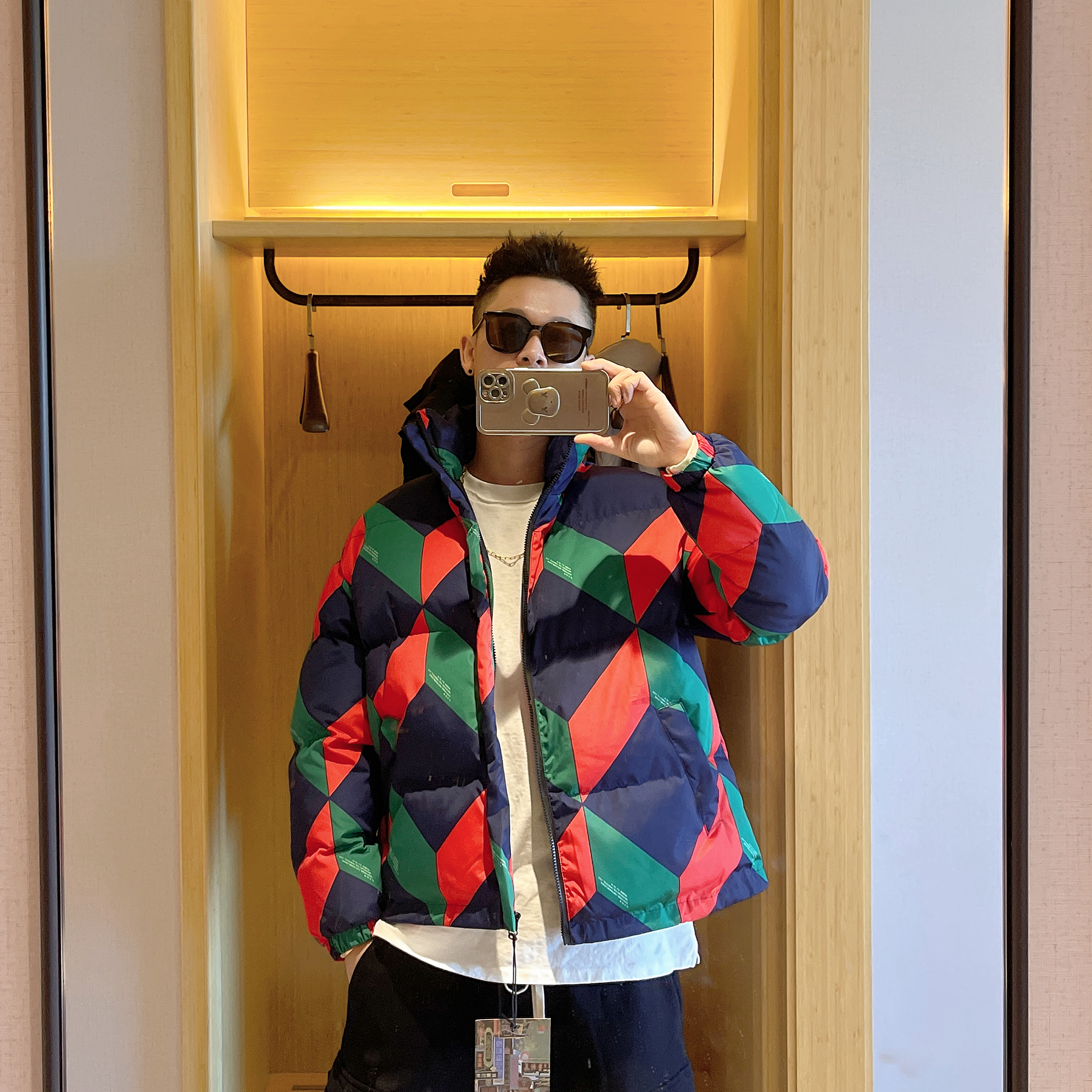 范哲贤 2021新款美式潮流棉衣男女菱格面包短款棉服拼色潮牌