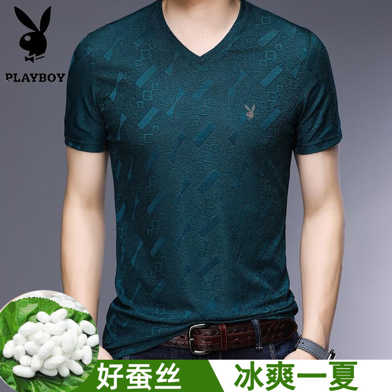 花花公子桑蚕丝短袖t恤男夏季中青年V领冰丝T恤宽松真丝半袖体恤