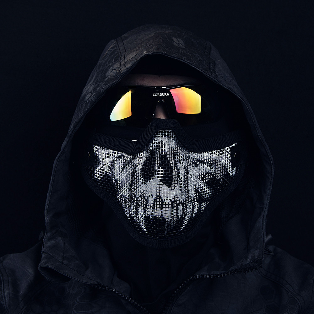 野战脸罩 cs 户外双带半脸骷髅面具战术铁网护嘴迷彩钢丝网防护面罩