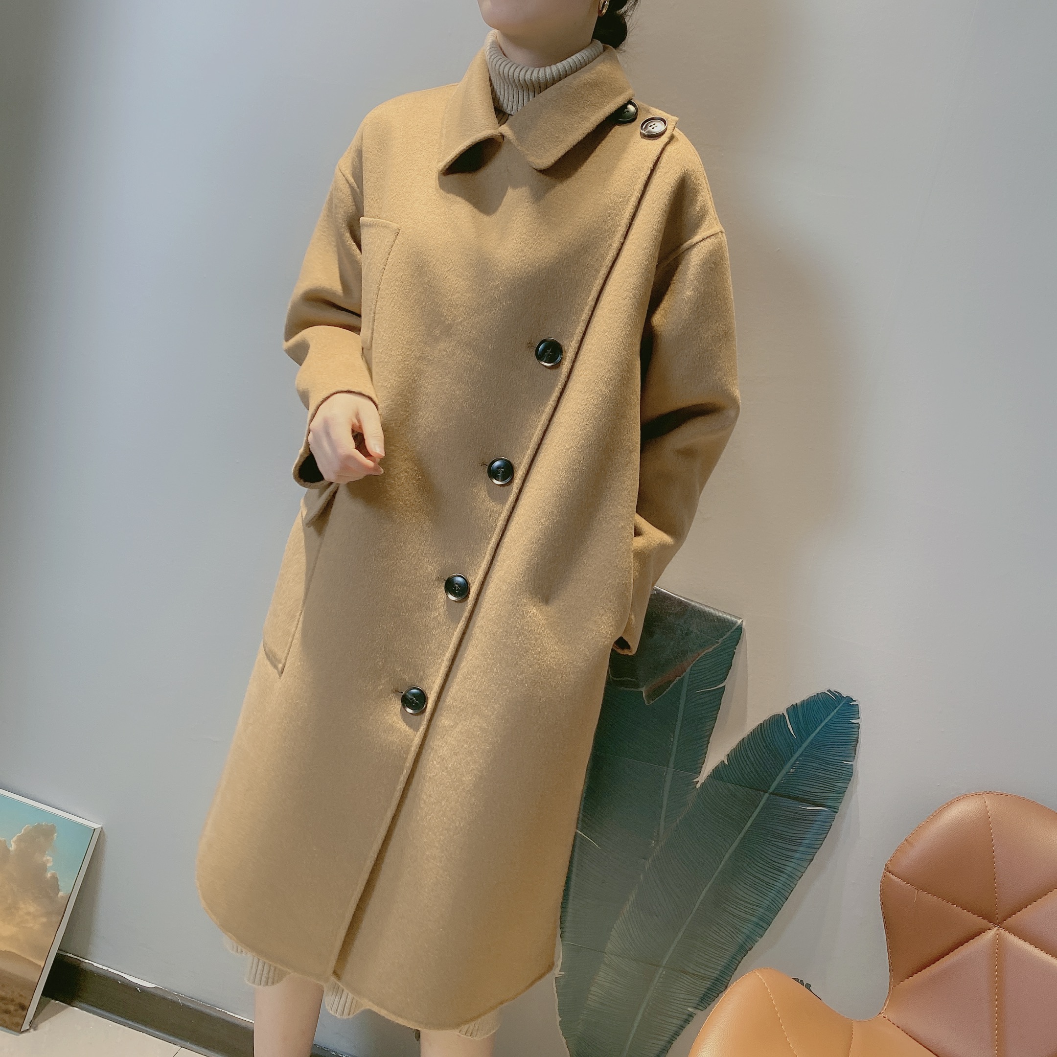 欧货冬季新款时尚长袖纯色洋气单排扣修身长款双面羊绒大衣外套女