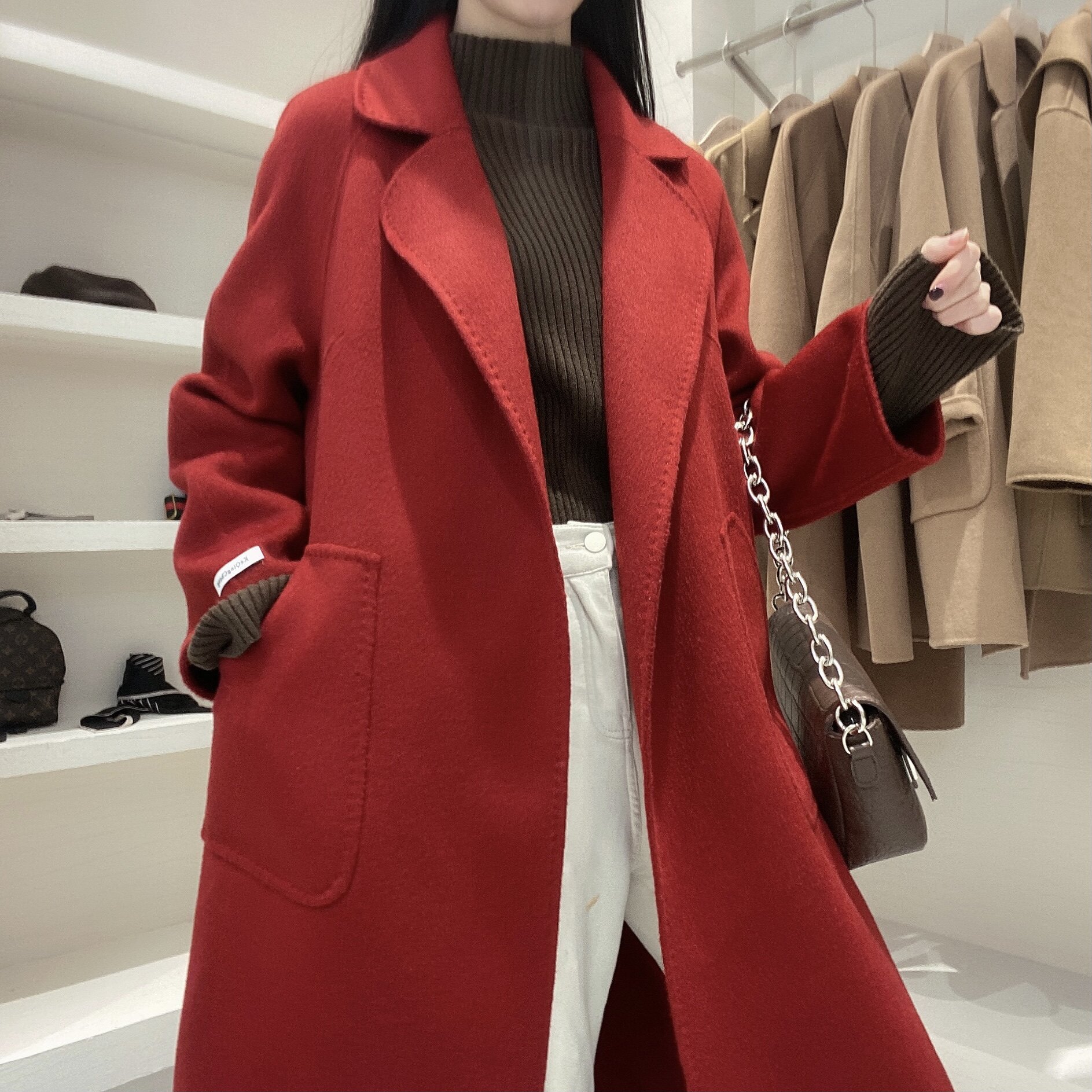 2020年新款红色手工双面羊绒大衣女中中长过膝毛呢外套