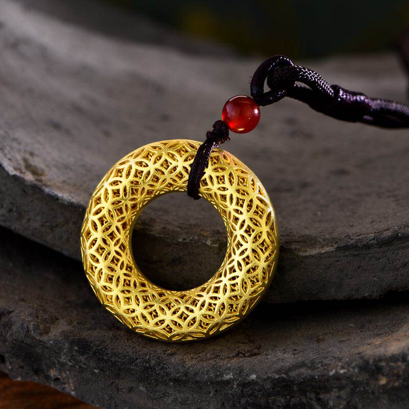 吊坠平安扣足银镂空钱币花丝纯银时尚送礼情人项坠