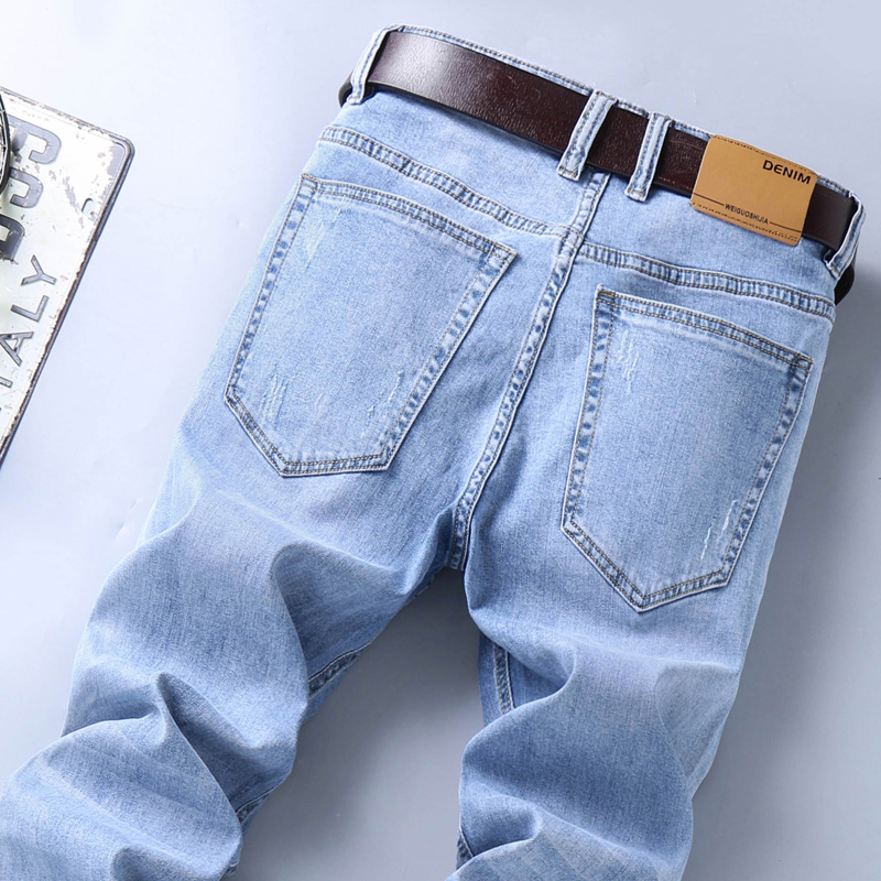 浅色高端纯棉男士牛仔裤春夏季直筒宽松弹力休闲长裤子潮牌薄款