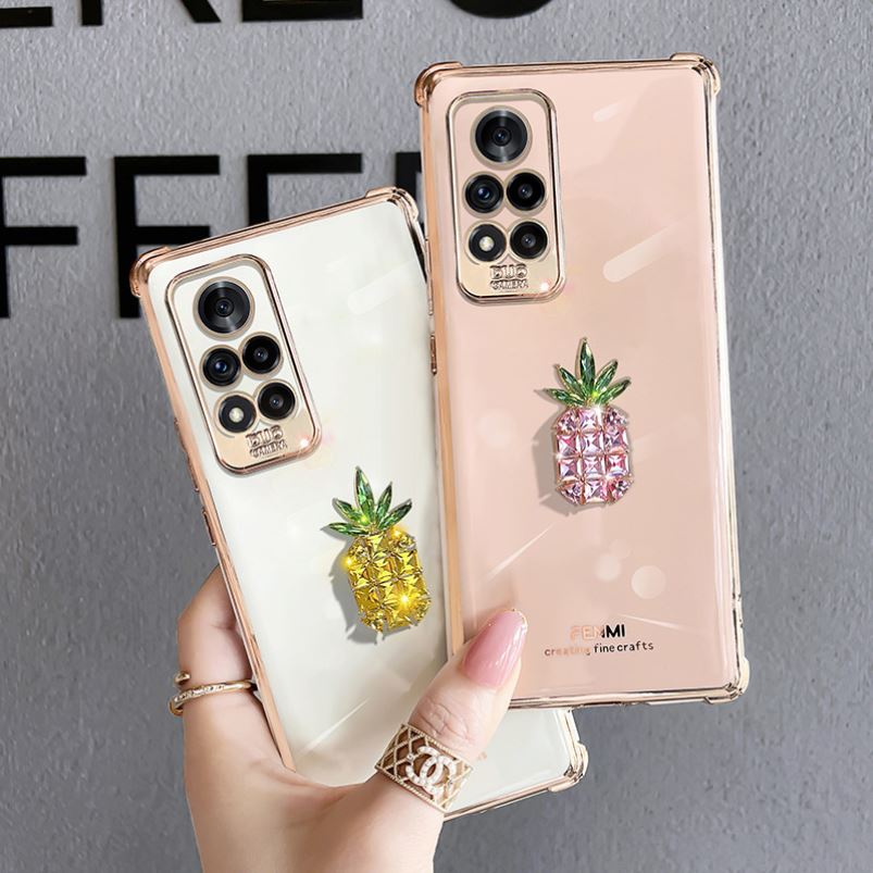 荣耀v40适用菠萝水钻手机机壳女款全包镜头双肩背包