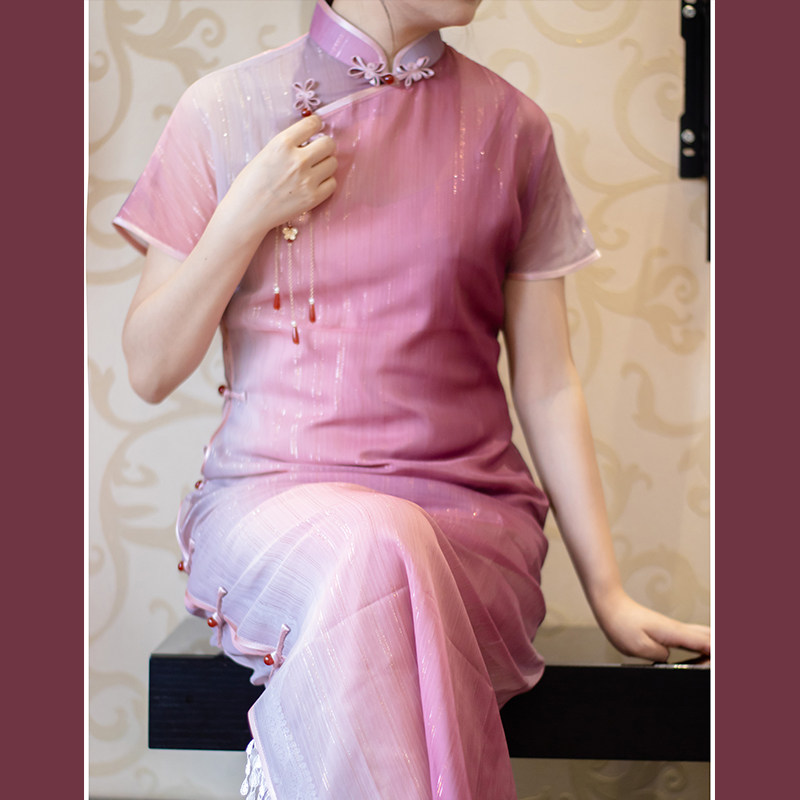 宵尔国风旗袍1930s开襟全开变色渐变民国复古旗袍