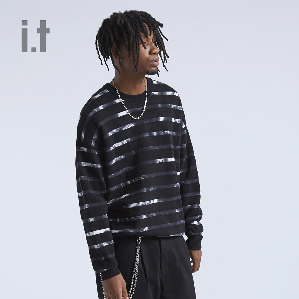 itizzue男装圆领针织衫冬季个性街头条纹拼色针织衫