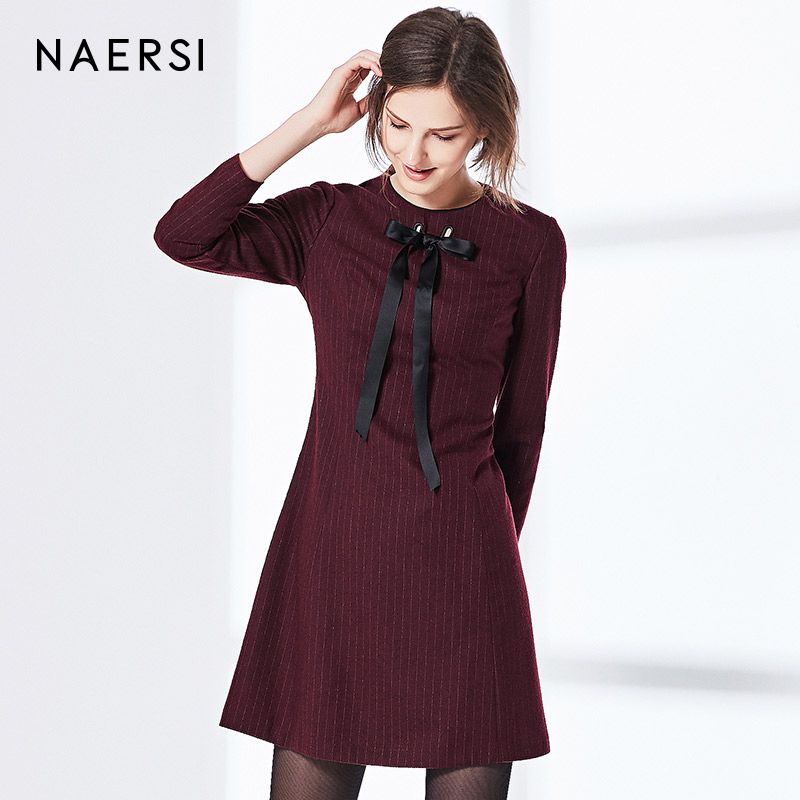 naersi/娜尔思2019春秋新款条纹连衣裙h型飘带裙子修身女装