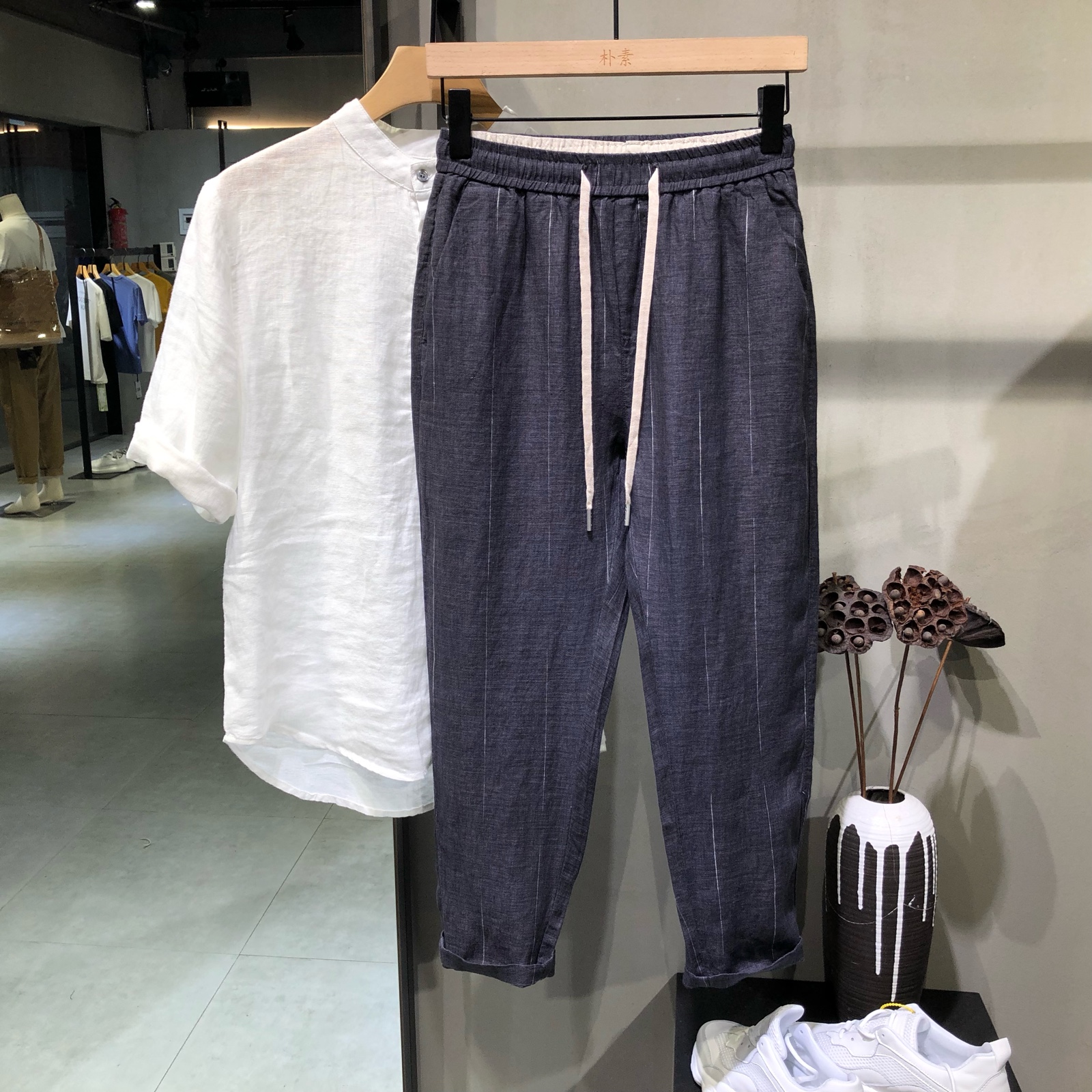 2022夏季男士薄款亚麻条纹裤子时尚百搭帅气宽松棉麻哈伦九分裤男