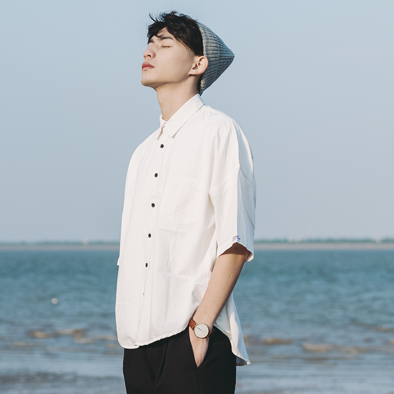 听风夏季日系宽松五分袖白衬衫男半袖薄款短袖港风七分袖衬衣潮流
