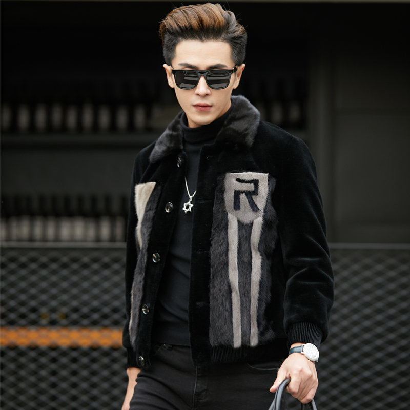 整水貂皮草大衣男士翻领皮毛一体男真皮皮衣裘皮羊剪绒冬潮外套厚
