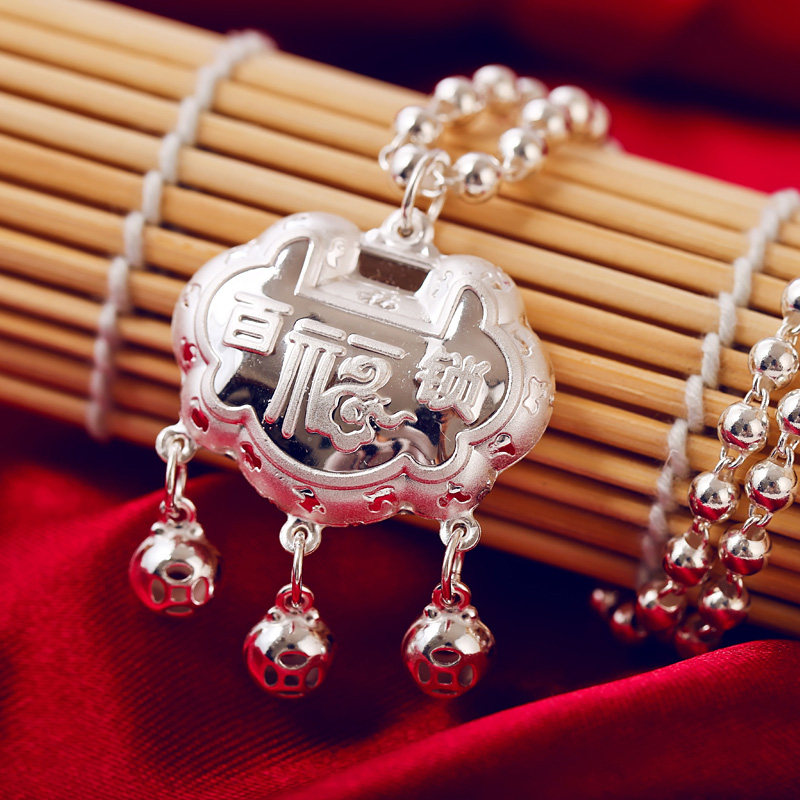 s99纯银长命锁项链女短款简约平安成人宝宝儿童生日礼物送女友