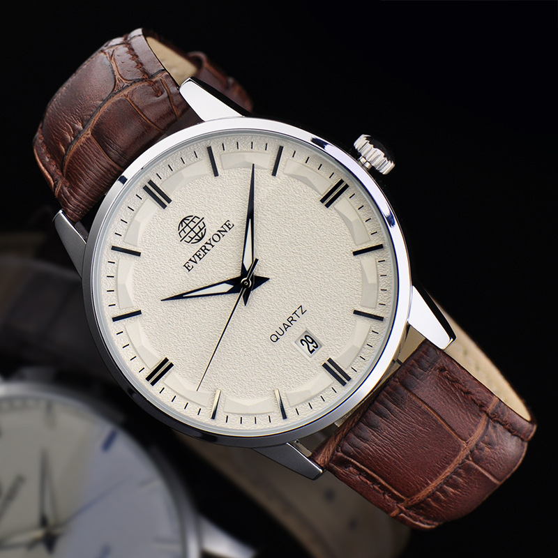 Everyone 手表男  时尚防水男表 镀蓝膜石英表皮带精钢简约手表