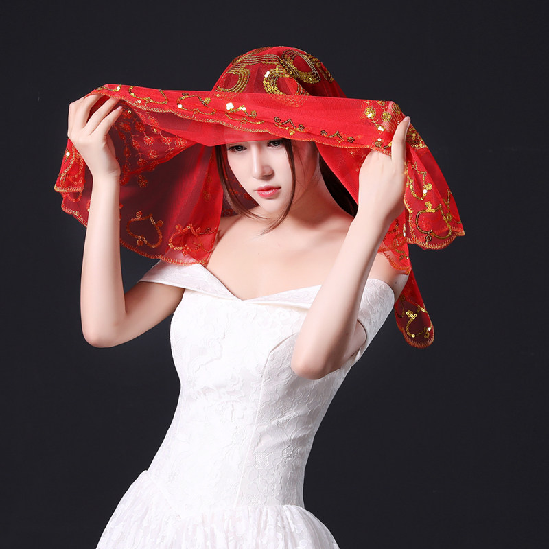 2021新款中式结婚红盖头刺绣蕾丝半透明喜帕新娘头纱