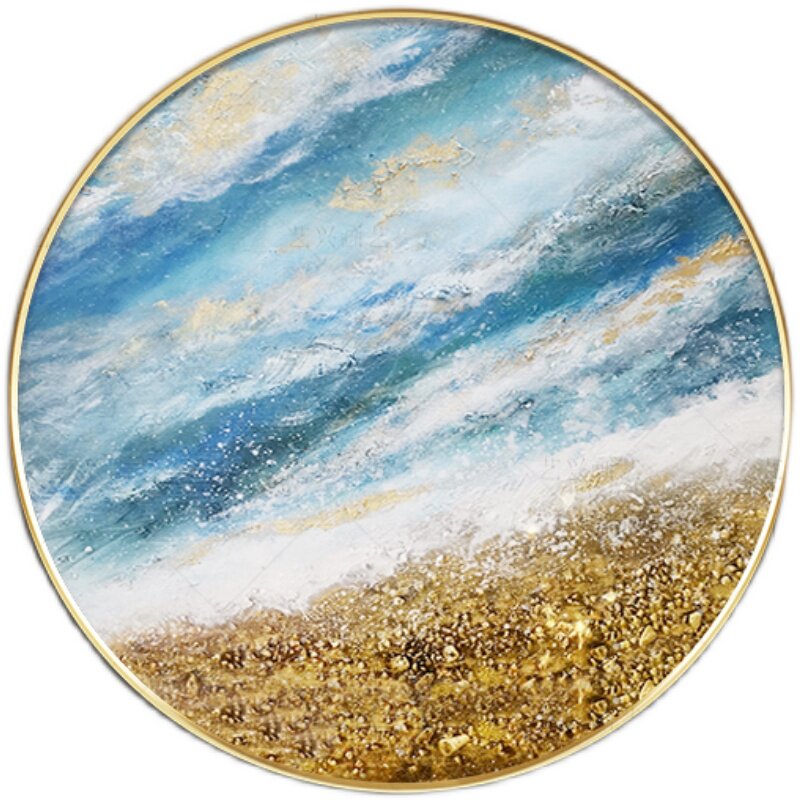 大海风景手绘油画圆形玄关装饰画现代轻奢金箔油画