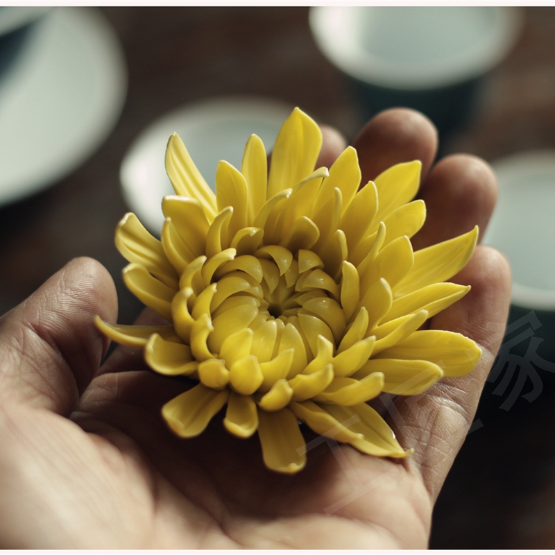 工匠家品陶瓷潮州手捏花茶精品摆件玉兰花菊花茶宠摆件