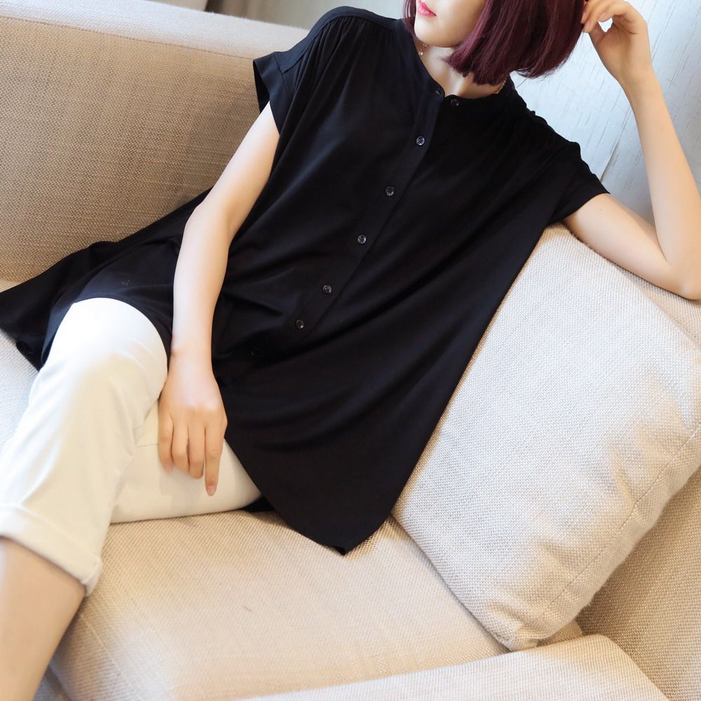 衬衫前短褶皱黑色立领女中中长夏季宽松上衣衬衫