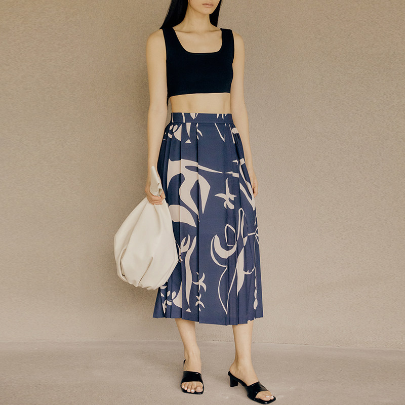 lowclassic百褶裙复古印花半身2021春夏新款棉麻半身裙