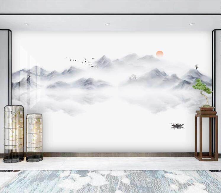 新中式背景墙壁画哑光绒布壁布喷绘uv电视晶石定制壁画