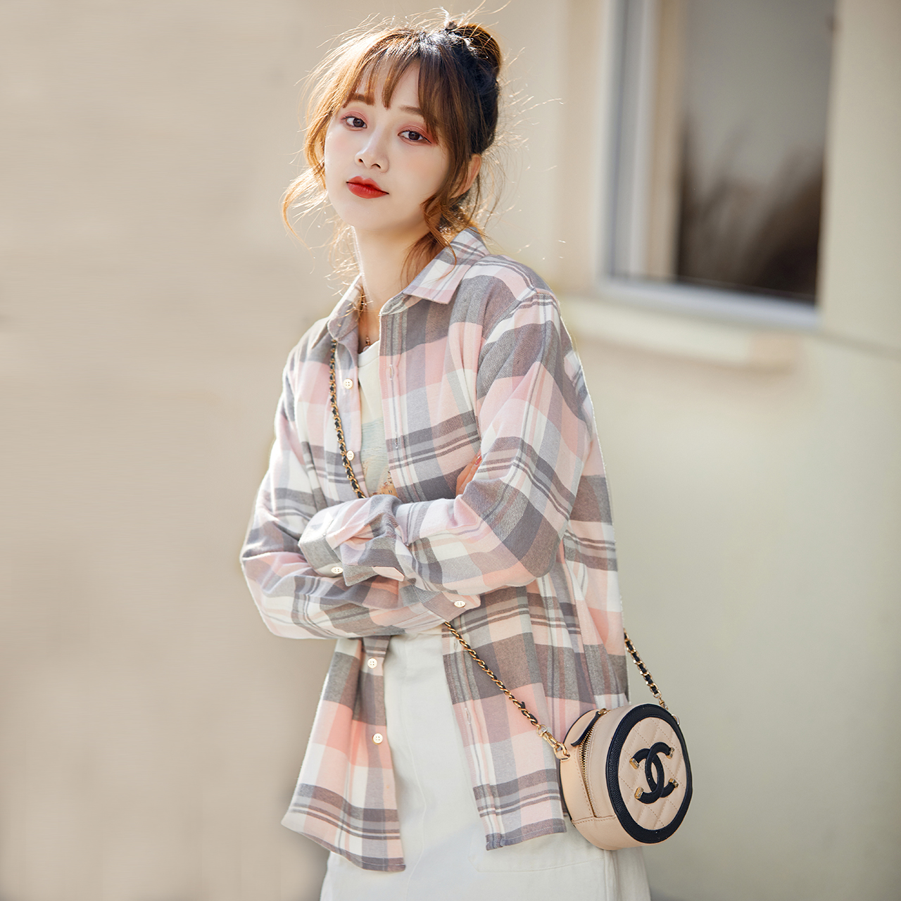 格子衬衫长袖学生磨毛修身纯棉女式学院休闲衬衫